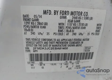 2014 Ford Edge Sel from USA, damaged, VIN 2FMDK3JC2EBA81400